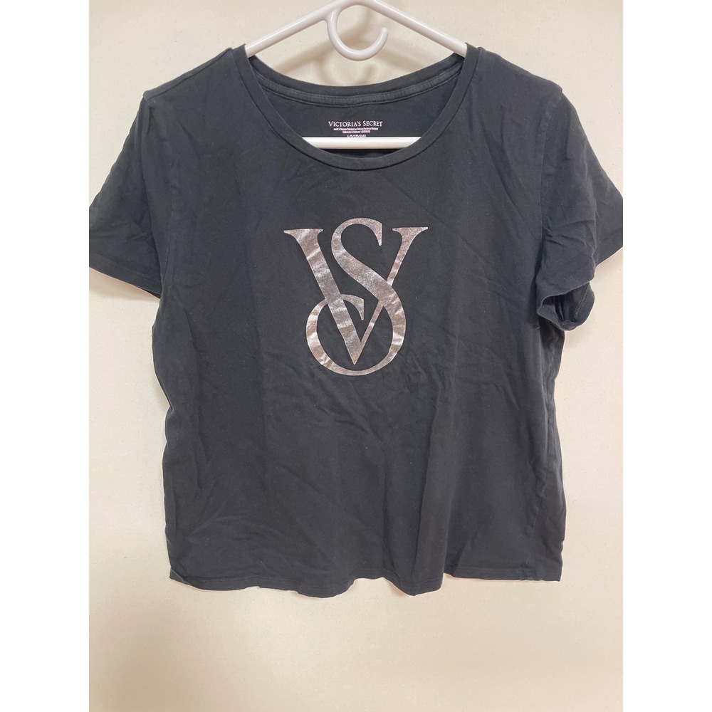 Victoria's Secret Black Graphic T-Shirt Large VS Monogram Logo Short Sleeve Tee